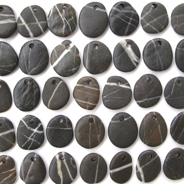 10 Pieces of Small Drilled Quartz Striped Dark Black River Rock Jewelry Making Beads, Pebble Earring Pairs, ZEBRA STONE CHARMS, 18-20 mm