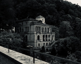 Fotografía de castillo medieval en blanco y negro de arquitectura alemana. Descarga digital.