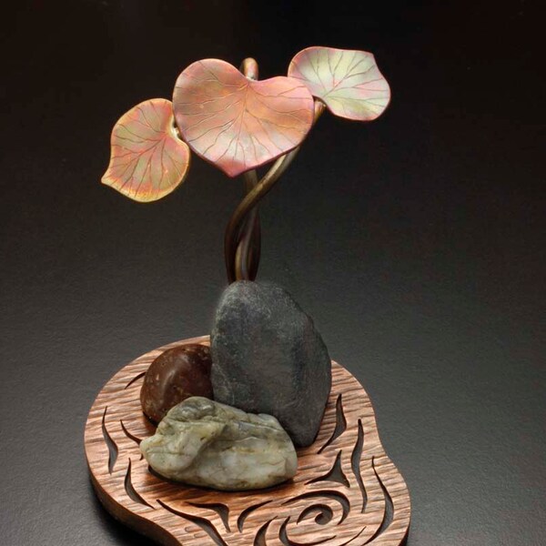 Zen garden Wabi Sabi desk ornament, leaves, copper, natural stone