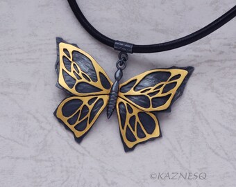 Art Nouveau style Black and gold Keum Boo oxidized silver butterfly pendant necklace