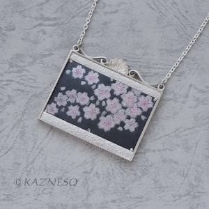 Cherry blossoms rectangle Keum Boo silver pendant necklace