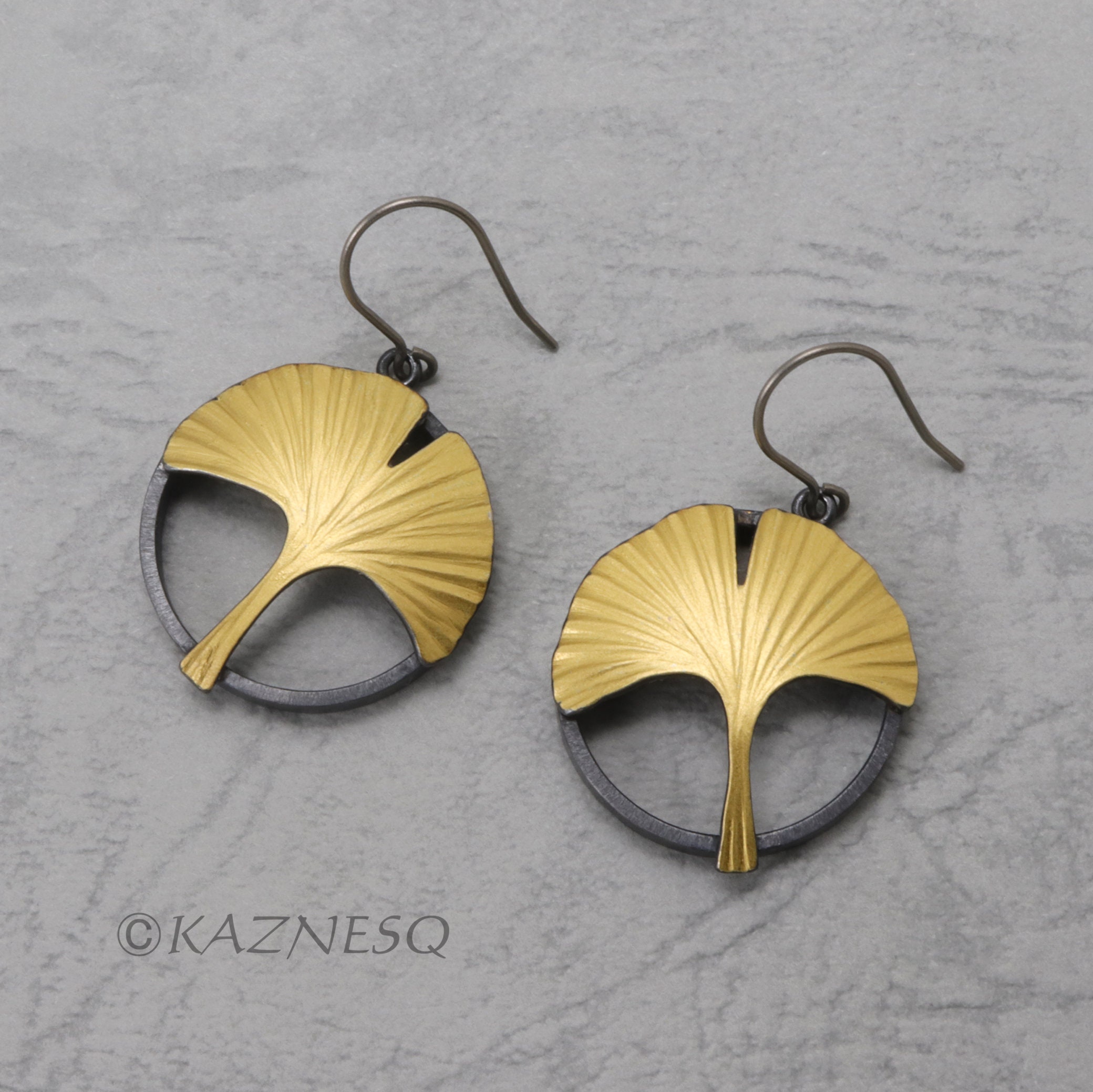 Made to Order: Gold Keum Boo Oxidized Silver Circle Ginkgo Earrings - Etsy