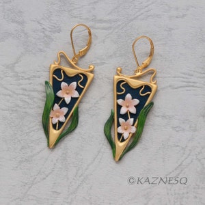 Art Nouveau style gold plated and color painted silver flower earrings