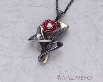 Art Nouveau style floral pendant, red copper with Japanese traditional patina, akoya pearl, brass, and oxidized silver