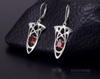 Art Nouveau style Silver Earrings with garnets, lever back wires