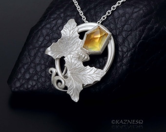 Art Nouveau style Flower and Leaf motif Citrine lined with Mother of Pearl silver pendant necklace