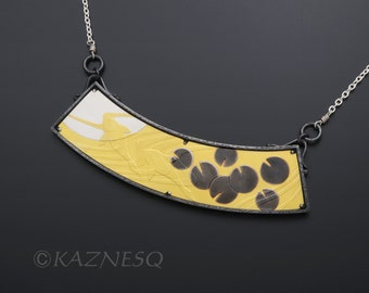 SALE: Keum Boo waterlily, carps, and the moon necklace of gold foil and oxidized silver, Zen pond wabi sabi jewelry