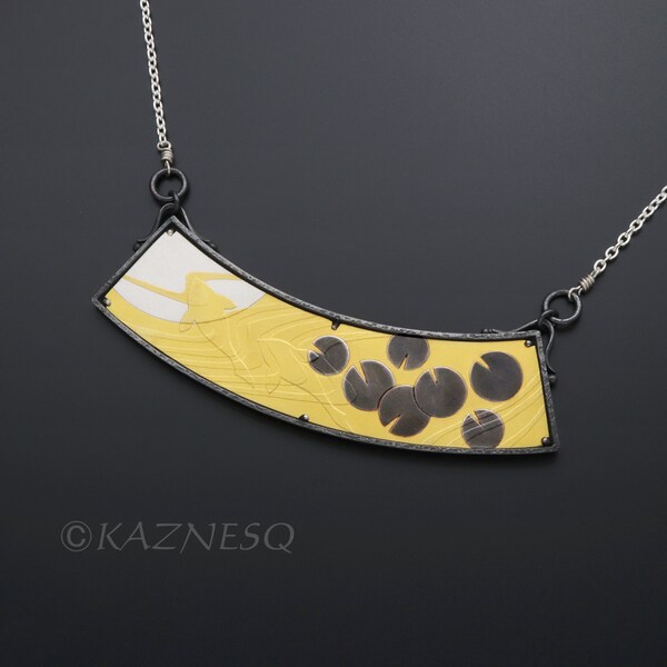 SALE: Keum Boo waterlily, carps, and the moon necklace of gold foil and oxidized silver, Zen pond wabi sabi jewelry
