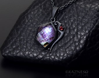 Amethyst lined with Paua shell oxidized silver Hexagon pendant necklace