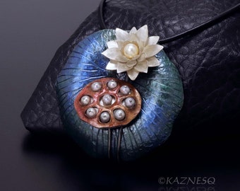 Lotus Seedpod and Flower Akoya Pearl Painted Silver Necklace.