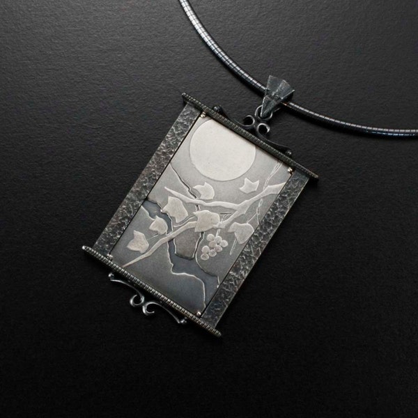 The moon and leaves Keum Boo silver Japanese art pendant necklace II