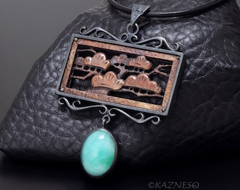 Japanese Pine Tree pattern copper and oxidized silver pendant necklace with a Green stone