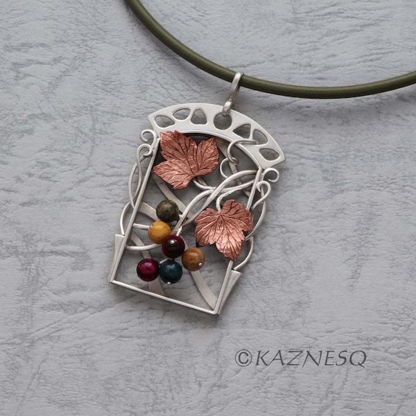 SALE: Art Nouveau style wild grape agate beads silver pendant necklace