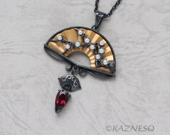 Japanese traditional fan inspired plum tree motif Rhodolite and freshwater pearls oxidized silver pendant necklace