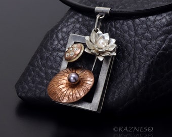 Lotus motif silver and copper pendant necklace with pearls, flower, seed pod, leaf