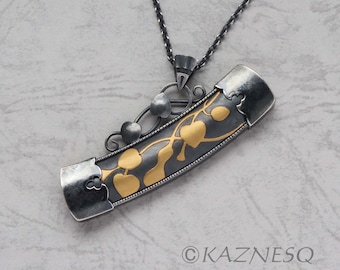 Japanese sword sheath inspired gourd motif Keum Boo oxidized silver pendant necklace