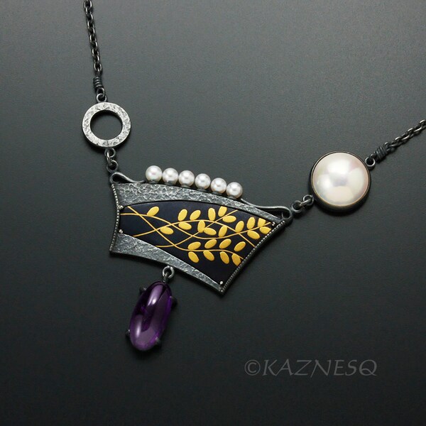 SALE: Gold inlay and Keum Boo on Shakudo necklace, mabe and akoya necklace, Japanese patina necklace, amethyst necklace, oxidized silver