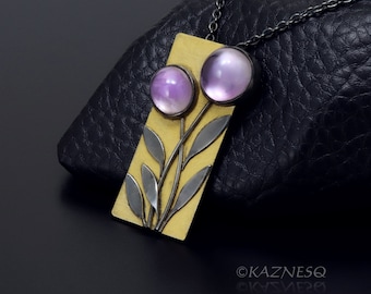 Amethyst lined with Mother of Pearl Rectangle Gold tone Oxidized Silver Pendant Necklace