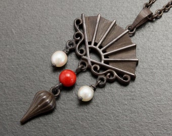 SALE: Fan pendant of Japanese patina with pearls and a coral