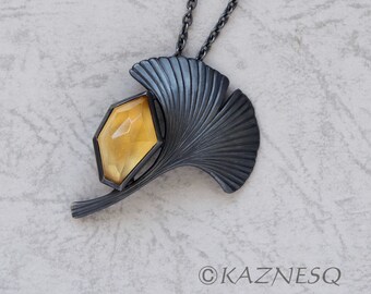 Art Nouveau style facetted citrine lined with mother of pearl oxidized silver Ginkgo pendant necklace.