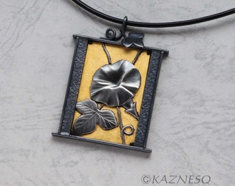 Morning glory Japanese art pendant of silver and fine gold leaf, summer flower pendant