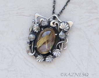 Rutilated Quartz with Mother of Pearl Oxidized Silver decorated Frame Pendant Necklace in Art Nouveau style