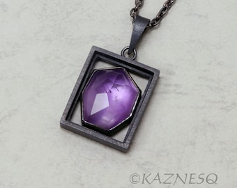 Amethyst Mother of pearl oxidized silver rectangle pendant necklace