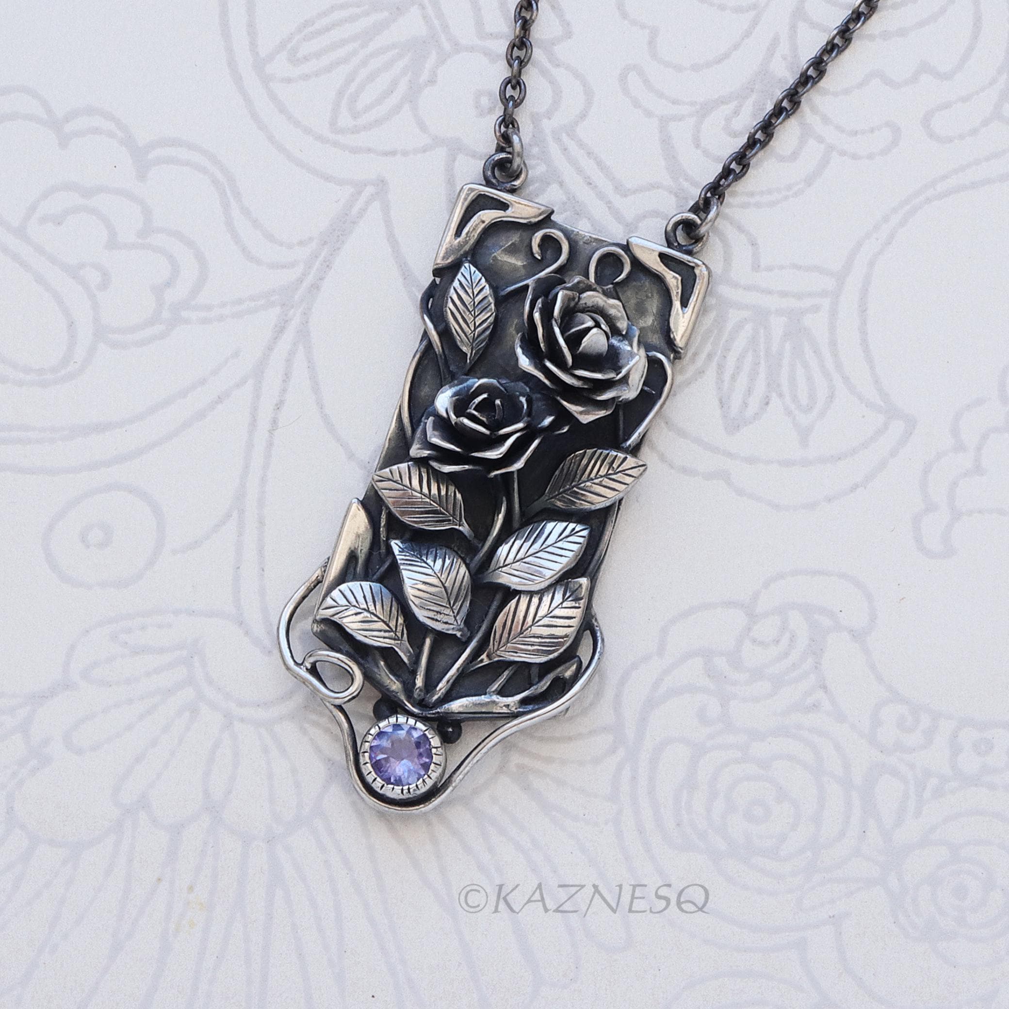 Detailed Beauty of the Wild Rose, Oxidized Silver Tanzanite