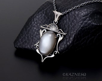 African Moonstone Goth style Oxidized Silver Pendant Necklace