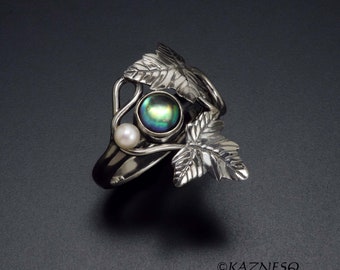 Quartz lined with Paua shell Leaf motif Art Nouveau style silver ring
