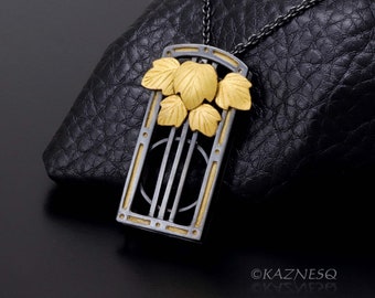 Art Deco Style Leaf Motif Oxidized Silver Pendant Necklace with Keum Boo