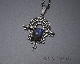 SALE: Blue labradorite cab oxidized silver Goth look arch pendant necklace