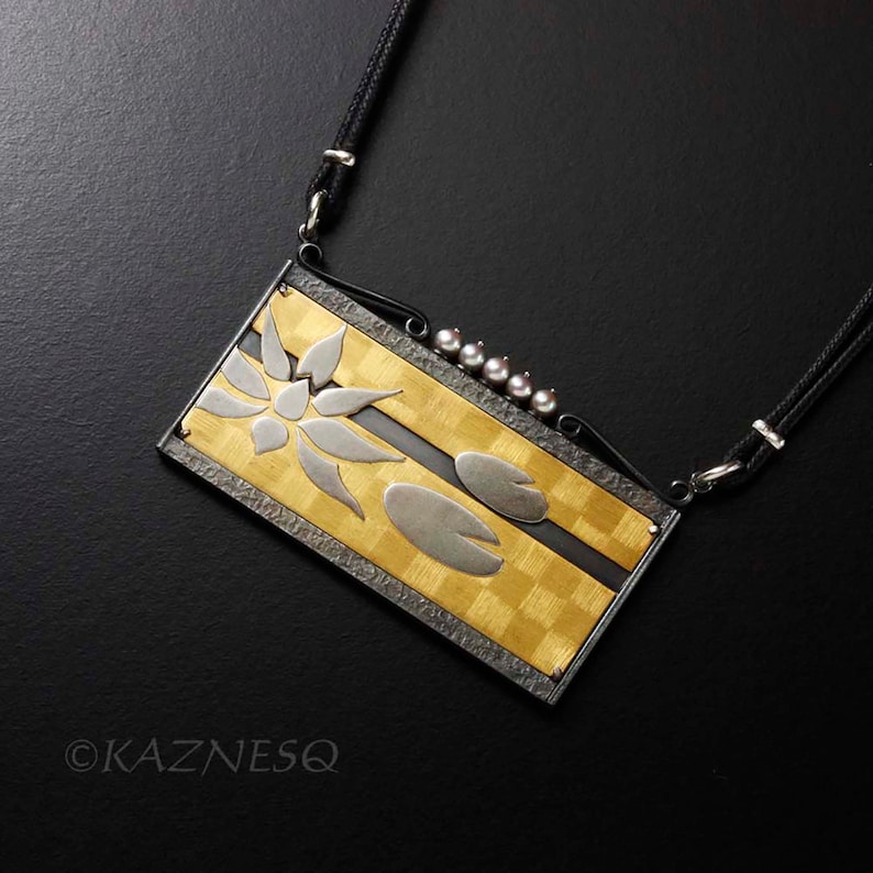 Gold necklace, Keum Boo necklace, Japanese art necklace, waterlily necklace, picture necklace image 1