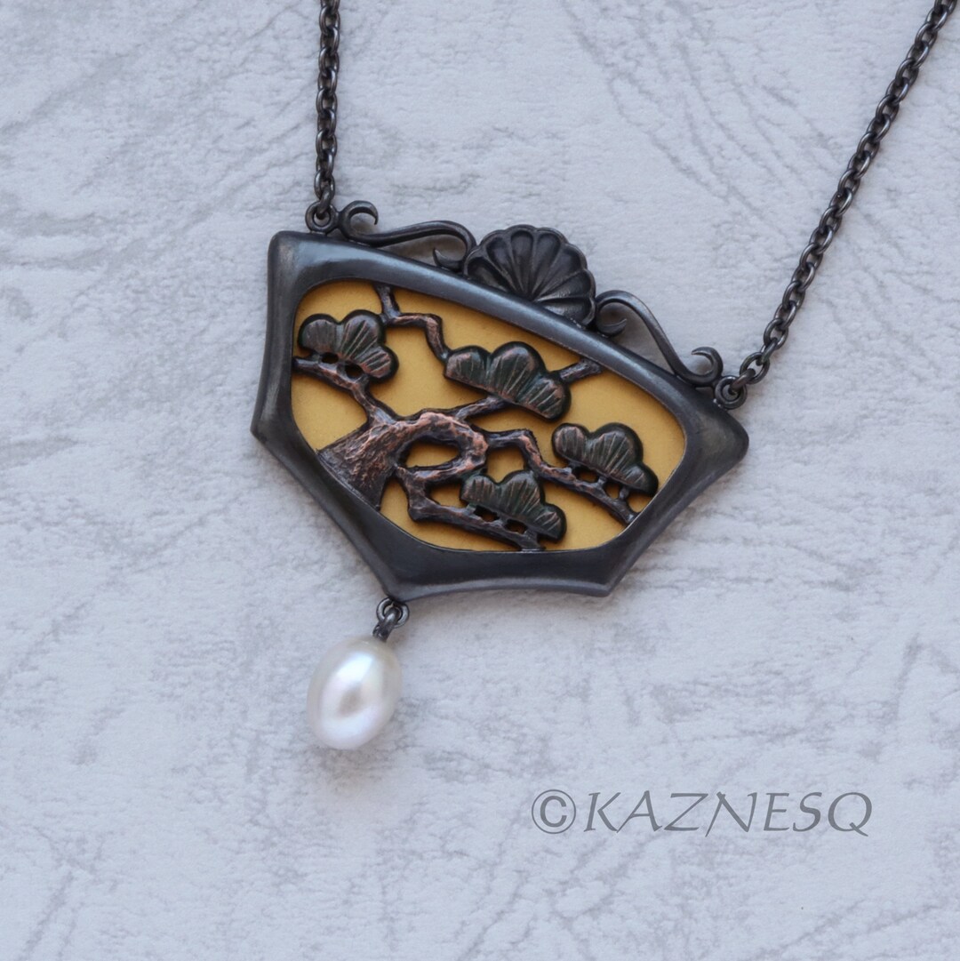 Pine Tree Japanese Art Pendant Necklace of Keum Boo and Oxidized