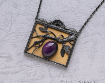 Akebi motif sugilite picture pendant necklace of oxidized silver and Keum Boo