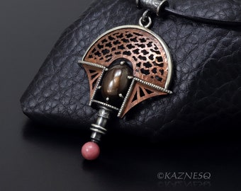 Asian taste Lucky Cloud pattern Copper and Oxidized Silver Pendant with a Blackstar Sunstone and a Rhodolite bead