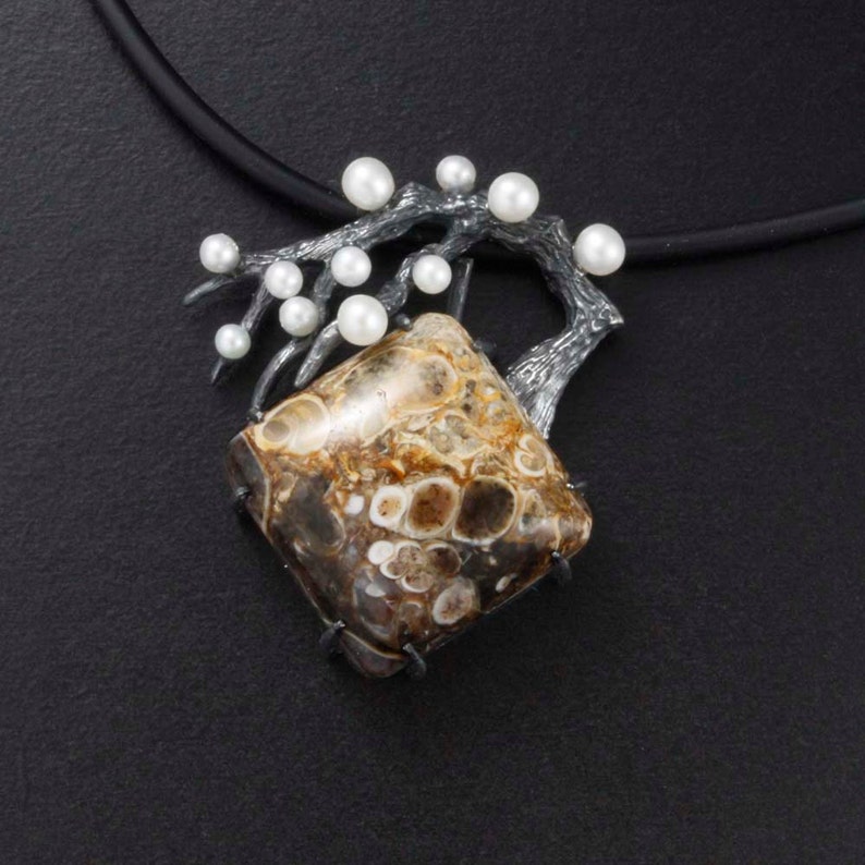 Japanese Pendant Necklace Wabi Sabi Agate Pearl Oxidized Silver Of Plum Tree