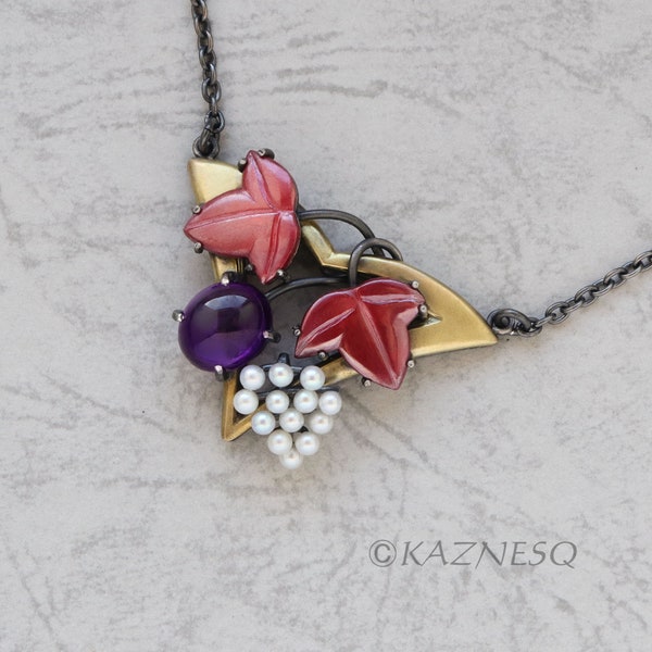 Red copper leaves and pearl grape fruits pendant necklace of amethyst brass and oxidized silver.