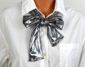 Metallic Silver Black Scarf, Neck Tie, Lightweight Layering, Fashion Accessories, Silver Neck Bow, women's necktie, summer neck bow hair tie