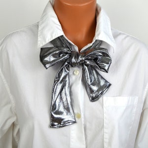 Metallic Silver Black Scarf, Neck Tie, Lightweight Layering, Fashion Accessories, Silver Neck Bow, women&#39;s necktie, summer neck bow hair tie