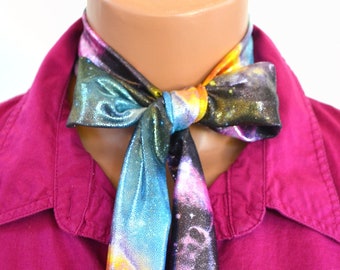 Metallic Galaxy Black Scarf, Neck Tie, Lightweight Layering, Fashion Accessories, Galaxy Neck Bow, women's necktie, summer neck bow hair tie