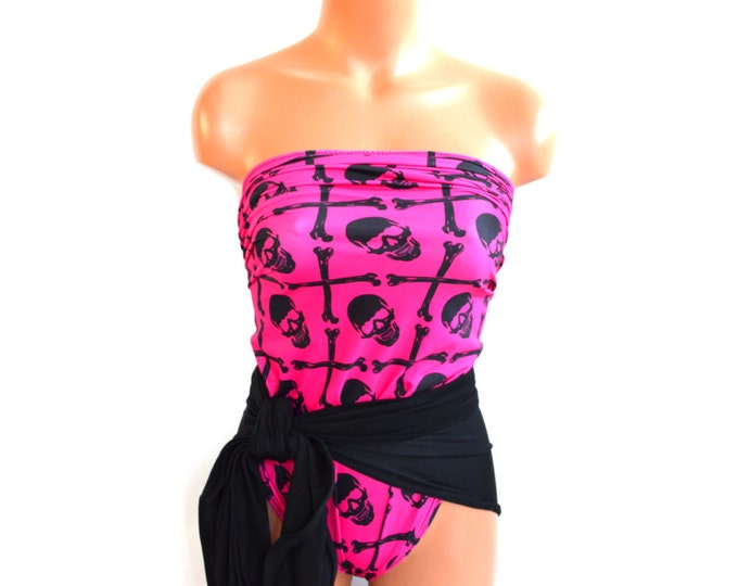 Medium Bathing Suit Hot Pink Jolly Roger and Black Wrap Around - Etsy