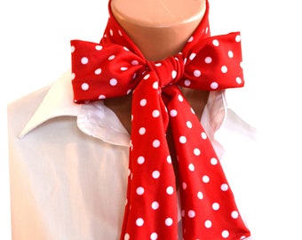 Red Polka Dot Scarf, Neck Tie, Lightweight Layering, Fashion Accessories, Polka Dot Neck Bow, women's necktie, summer neck bow, hair tie