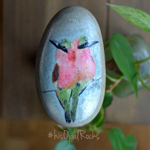 May include: Hand-painted rock featuring two pink and green birds perched on a branch. The rock has a light grey background and a silver shimmer. The artist's signature is visible in the lower right corner. The hashtag #hisOpalRocks is visible in the lower left corner.