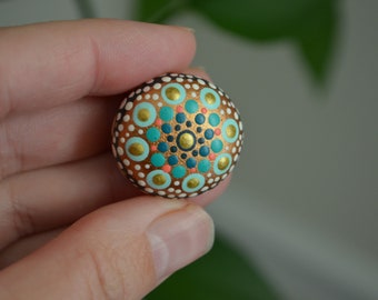 Coral and Teal Painted Rock Mandala, Mini Mandala Magnet, Refrigerator Magnet, Kitchen Decor, hisOpal Rocks