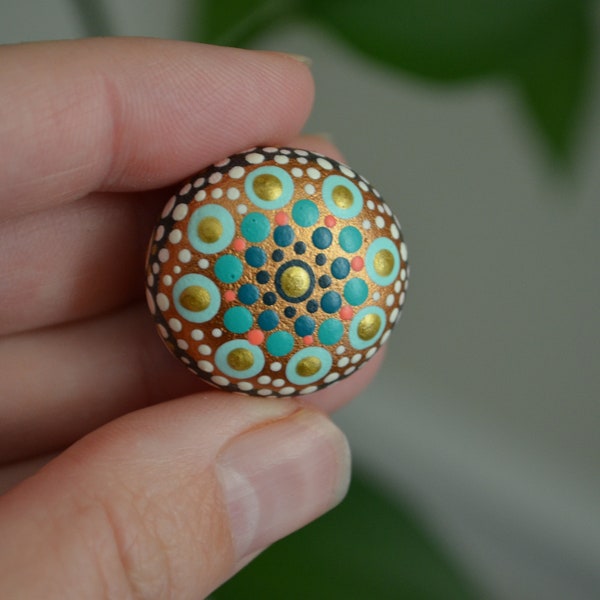 Coral and Teal Painted Rock Mandala, Mini Mandala Magnet, Refrigerator Magnet, Kitchen Decor, hisOpal Rocks