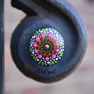 Pink and Green Painted Rock Mandala, Mini Mandala Magnet, Refrigerator Magnet, Kitchen Decor, hisOpal Rocks