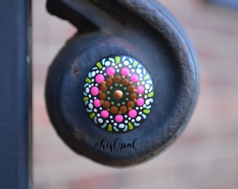 Pink and Green Painted Rock Mandala, Mini Mandala Magnet, Refrigerator Magnet, Kitchen Decor, hisOpal Rocks