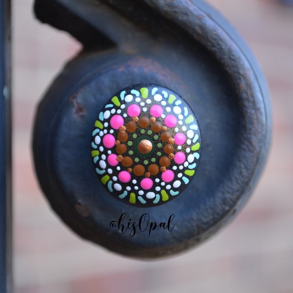 Pink and Green Painted Rock Mandala, Mini Mandala Magnet, Refrigerator Magnet, Kitchen Decor, hisOpal Rocks