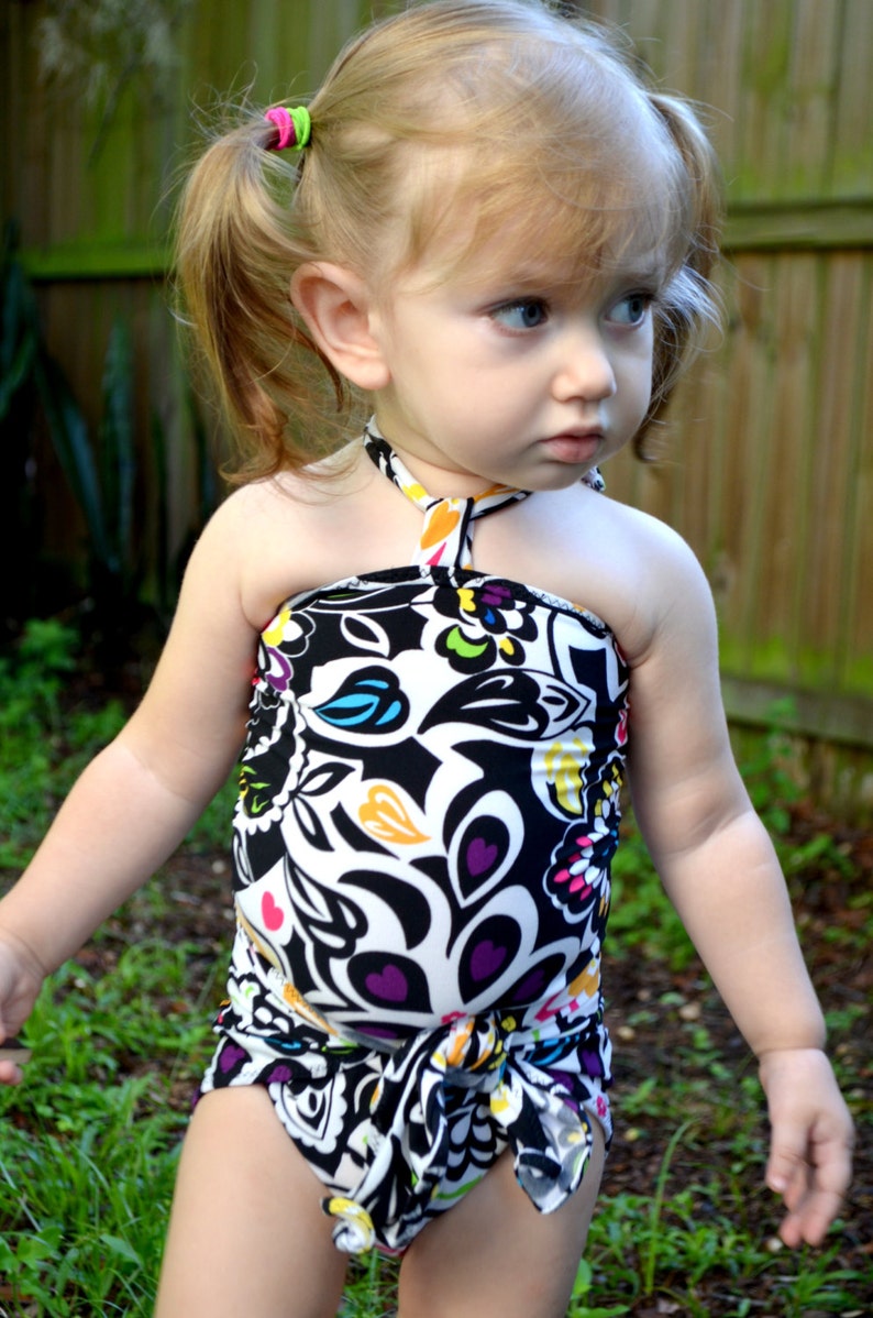 Baby Bathing Suit Black With Neon Flowers Wrap Around Swimsuit Etsy